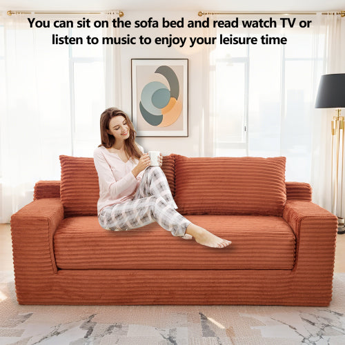 Orange Memory-Foam Convertible Loveseat Sofa-Bed Steel-Frame Corduroy No-Assembly Couch for Small Spaces