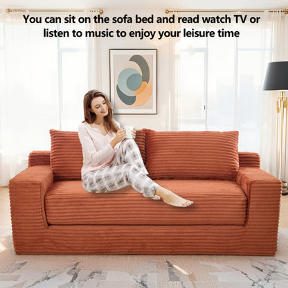 Orange Memory-Foam Convertible Loveseat Sofa-Bed Steel-Frame Corduroy No-Assembly Couch for Small Spaces