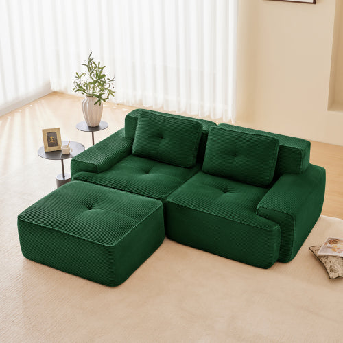 82 inch  Green L-Shaped Corduroy Modular Sofa, Movable Ottoman, No Assembly Required