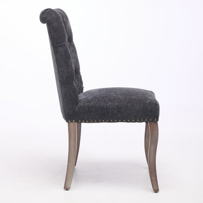 Upholstered Chenille Dining Chair Set of 2, Tufted Accent Chair with Curved Solid Wood Legs, Black