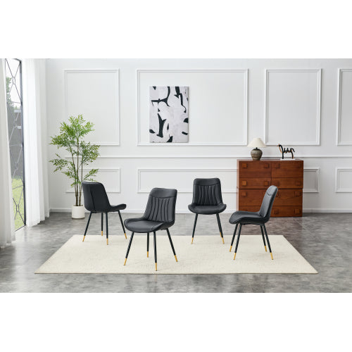 Dining Chairs Set of 4, Black Tech Fabric Upholstered Dining Chairs with Semi-Gloss Black Metal Legs, Gold-Trimmed Adjustable Non-Slip Feet, Vertical-Stitched High Back (Black, Set of 4)