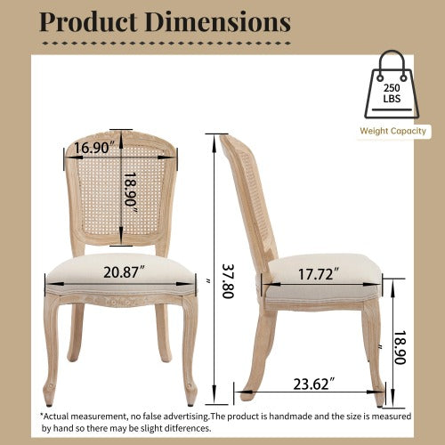 Set of 2 Beige French Country Fan Rattan Back Dining Chairs, Carved Wire Drawing Solid Wood Disassemblable Chairs