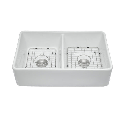 White Farmhouse Sink - 32 x 20 x 9 inches Ceramic Porcelain Double Bowl Farm Apron Front Kitchen Sink