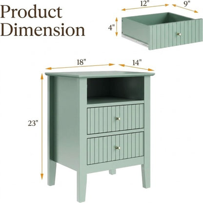 Green Fluted Nightstand with Soft-Close Drawers