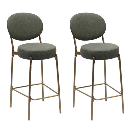 29inch  H Seat Height Upholstered Bar Stools Set of 2 Faux Leather Counter Dining Stool with Golden Legs Modern Round Kitchen Chairs (Green)