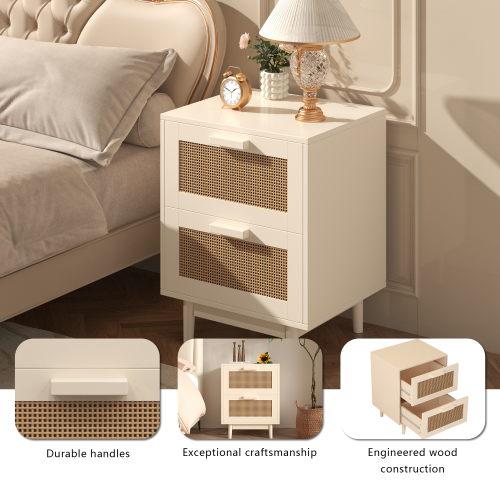 Rattan Nightstand, Wood End Table, Side Table with 2 Faux Rattan-Decorated Drawers, Bedside Table,Wood Accent Table with Storage for Livingroom, Bedroom,Burly wood