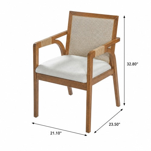 Set of 2 Walnut Rubber Wood Dining Arm Chairs, Textilene Back & PE Rattan Armrest