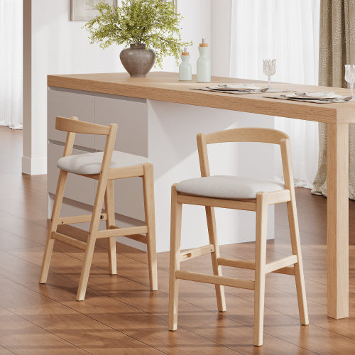 Indoor Rubberwood Barstool, Natural Finished and Beige Upholstery, Set of 2