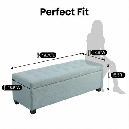 49.75 inch Baby Blue Polyester Tufted Storage Ottoman Bench, 300 LBS Wooden Leg Footrest with Safety Hinge