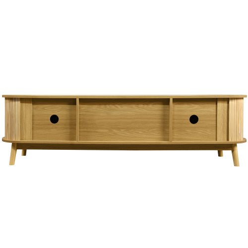 66.93 Inch Brown Farmhouse Rattan Sliding Door TV Stand Solid Wood Legs Fits 75 Inch TV