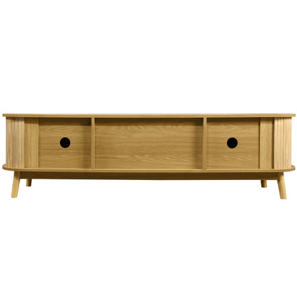 66.93 Inch Brown Farmhouse Rattan Sliding Door TV Stand Solid Wood Legs Fits 75 Inch TV