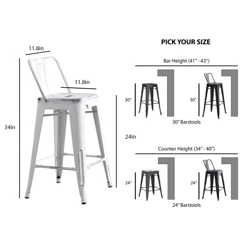 Modern Light Weight Industrial Contemporary Rustic Vintage Costal Metal Barstools with Bucket Back and 4 Leg Design, Seat Bar Stools (Set of 2) (24" Seat, Distressed White)