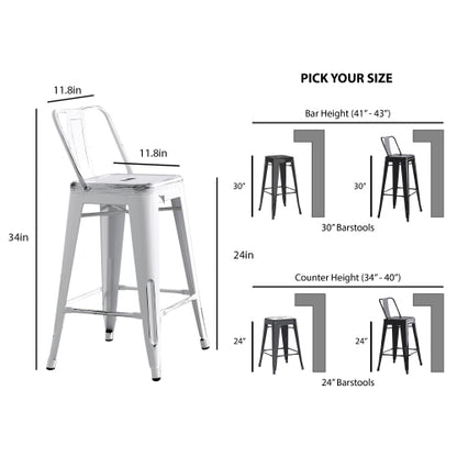 Modern Light Weight Industrial Contemporary Rustic Vintage Costal Metal Barstools with Bucket Back and 4 Leg Design, Seat Bar Stools (Set of 2) (24" Seat, Distressed White)
