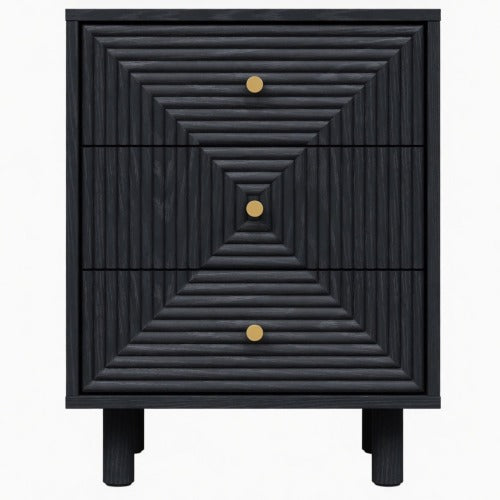 18.7inch Black Modern Nightstand, 3 Geometric Drawers with Gold Knobs & Solid Wood Legs