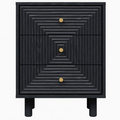 18.7inch Black Modern Nightstand, 3 Geometric Drawers with Gold Knobs & Solid Wood Legs