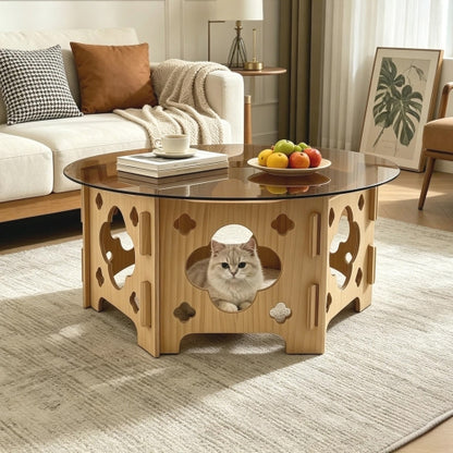 31.1inch  Round Tempered Glass Coffee Table, Floral Hollow Wood Base, Cat Nest Design