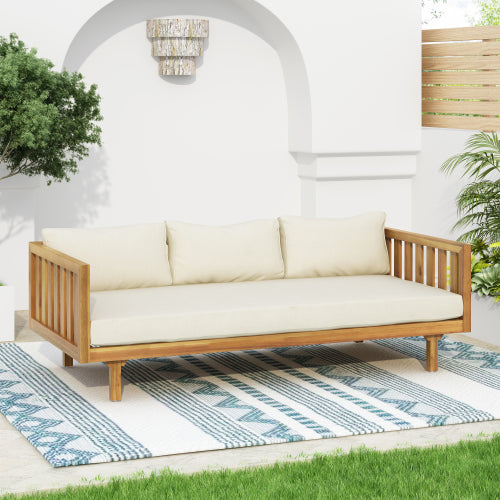 Acacia Wood Patio Furniture Set,Outdoor 3 Seater Daybed(with Water Resistant Thick Cushions)and Round Coffee Table, Beige Cushion