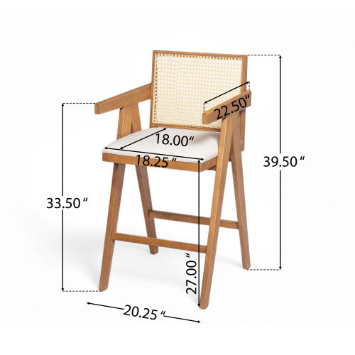 27inch Height, Cream Woven Cane Plastic Backrest Bar Stool - Foam-Padded Fabric Seat & Durable Rubberwood Frame