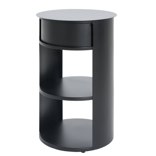 3-Tier Metal Round Side Table with Cabinet, Matte Black