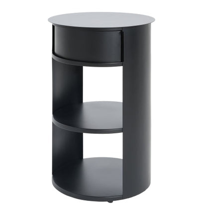 3-Tier Metal Round Side Table with Cabinet, Matte Black
