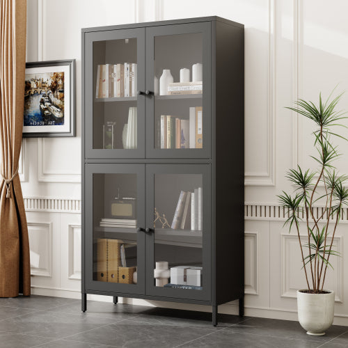 Black Classic 4-Glass-Door Metal Storage Cabinet Adjustable Shelf Home Office Display Cabinet