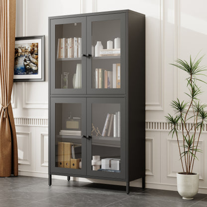 Black Classic 4-Glass-Door Metal Storage Cabinet Adjustable Shelf Home Office Display Cabinet