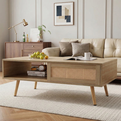 41.34inch  Rattan Rectangular Coffee Table with Sliding Door, Natural