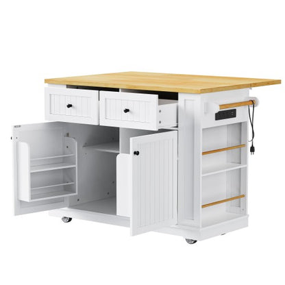 48inch Kitchen Island with 2 Bar Stools, Power Outlet, Door Internal Storage Rack, Kitchen Storage Cart on 5 Wheels with Drop Leaf, 5 Side Racks, 2 Drawers,White