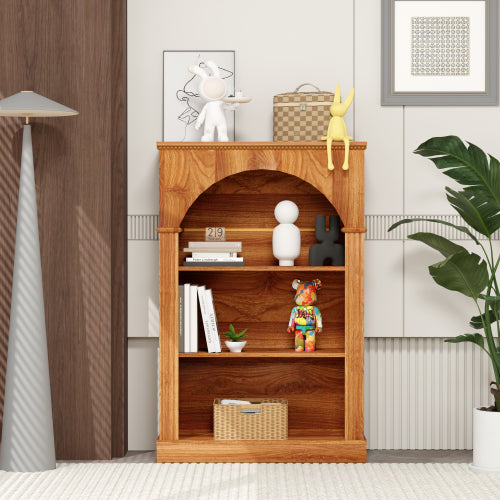 Light Walnut 3-Tier Arched Open Bookshelf Beaded Trim Eco-Friendly Wood Living Room Hallway Display Shelf