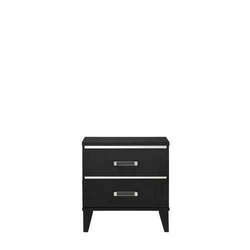 Black Nightstand with 2 Drawers & Wooden Tapered Legs