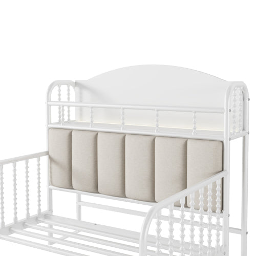 Twin Size Metal Platform Bed Frame with Light, Kids Twin Metal Bed with Upholstered and Storage Headboard, White