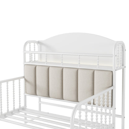 Twin Size Metal Platform Bed Frame with Light, Kids Twin Metal Bed with Upholstered and Storage Headboard, White