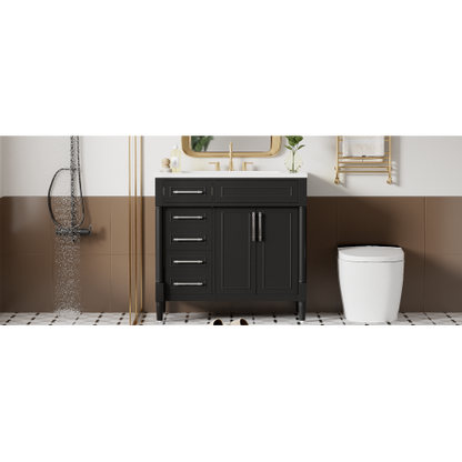 36'' Bathroom Vanity with Top Resin Sink, Freestanding Bathroom Storage Cabinet with 2 Drawers and a Tip-out Drawer, Solid Wood Frame Vanity Set, Height Adjustable Shelf