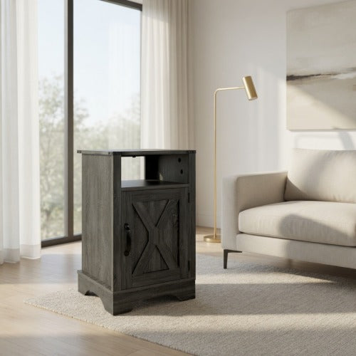 16inch Dark Grey Farmhouse Nightstand with Charger