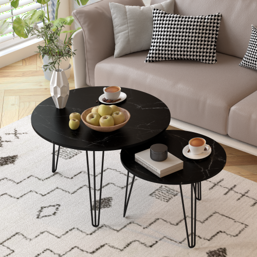 2-Piece Round Nesting Coffee Table, Faux Marble Top & Black Metal Base