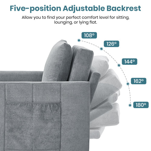 Grey 31.5 inch  Pull-Out Convertible Sofa Bed, 5-Position Backrest, Side Pockets & Storage Basket