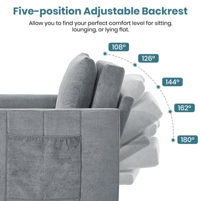 Grey 31.5 inch  Pull-Out Convertible Sofa Bed, 5-Position Backrest, Side Pockets & Storage Basket