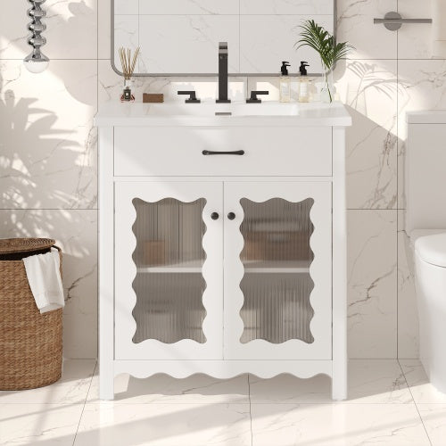 31" Bathroom Vanity with Tempered Glass, Modern Bathroom Cabinet with Rubber Wood legs and Soft close Doors, White