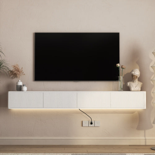 White Floating Wall Mount High Gloss TV Stand with 16 Color LED Lights & Power Outlet