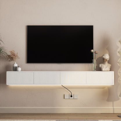 White Floating Wall Mount High Gloss TV Stand with 16 Color LED Lights & Power Outlet