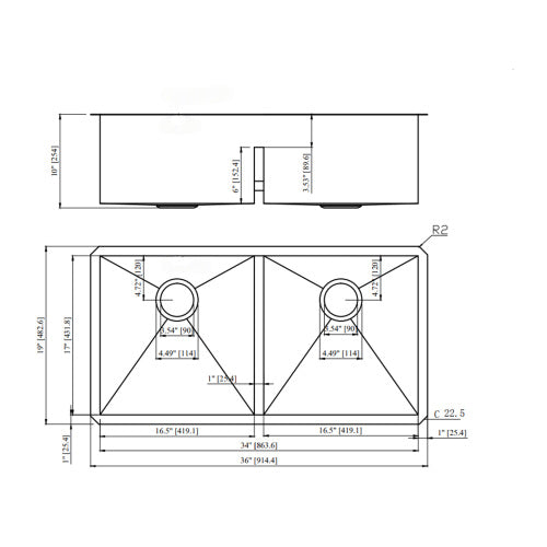 Double Bowl(50/50) Undermount Sink- 36" x 19" x 10" Double Bowl Kitchen Sink 16 Gauge with Two 10" Deep Basin