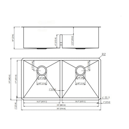 Double Bowl(50/50) Undermount Sink- 36" x 19" x 10" Double Bowl Kitchen Sink 16 Gauge with Two 10" Deep Basin