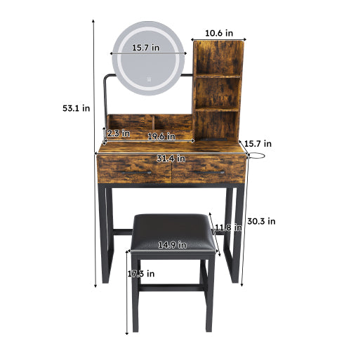 Makeup Vanity with LED Lights&3 Color and Power Outlet Makeup Vanity Table with 2 big Drawers with Sturdy Metal Leg and Metal Chair ,Dressing Table for Bedroom Dressing Room (brown)