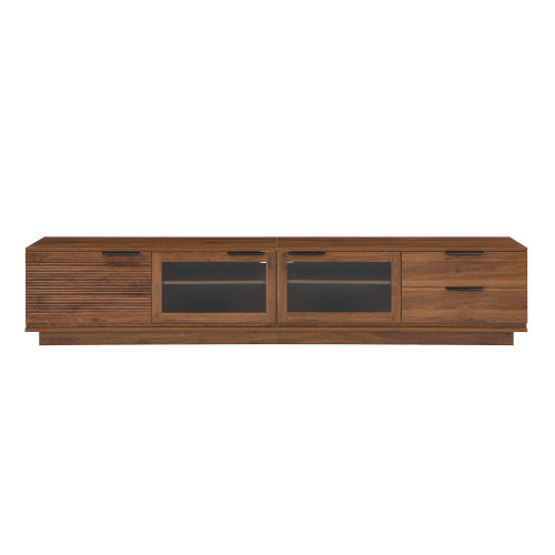 78.74 inch Walnut Fluted Glass Door Legless TV Stand 2 Drawer Media Console Supports Up To 85 inch TV