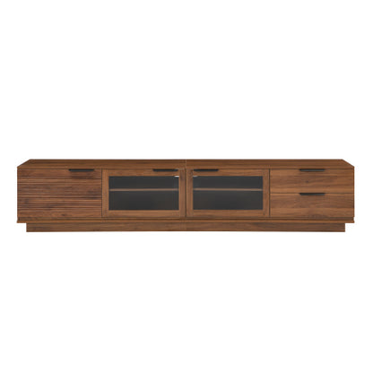 78.74 inch Walnut Fluted Glass Door Legless TV Stand 2 Drawer Media Console Supports Up To 85 inch TV