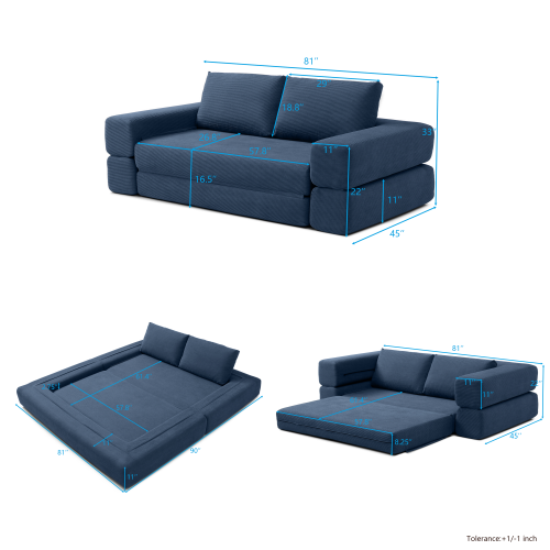 81 inch  Blue Corduroy 3-in-1 Boneless Convertible Floor Sofa-Bed with Pillows