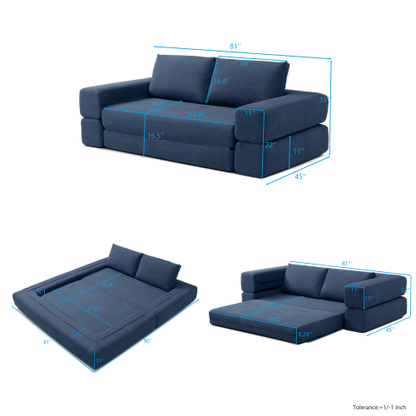 81 inch  Blue Corduroy 3-in-1 Boneless Convertible Floor Sofa-Bed with Pillows