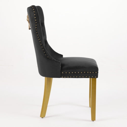 Set of 2 Black Velvet Mid-Century Dining Chairs, Lion Head Pull Ring Golden Solid Wood Legs 280lbs Capacity