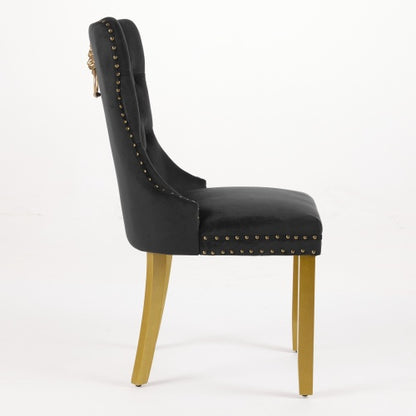Set of 2 Black Velvet Mid-Century Dining Chairs, Lion Head Pull Ring Golden Solid Wood Legs 280lbs Capacity