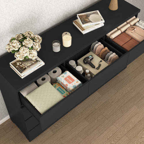 12 Drawers Double Dresser, Modern Wood Dresser Chest of Drawers with Large Storage Space for Bedroom, Black